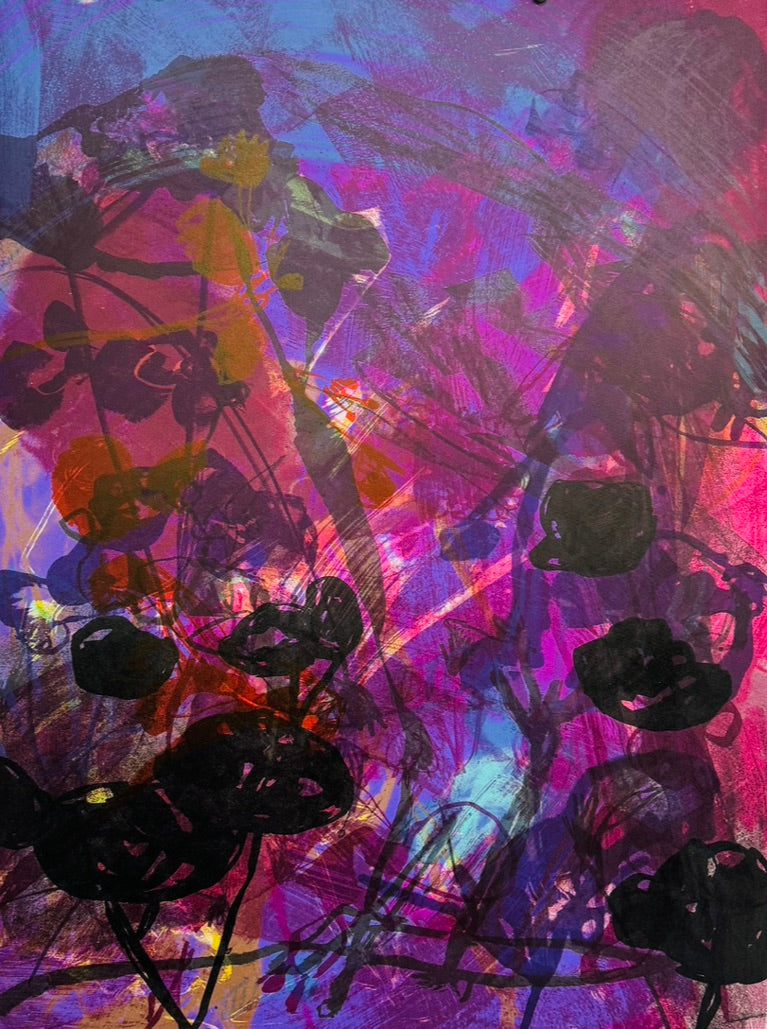 Limited edition abstract lithograph artwork by Jade Fadojutimi. A mixture of pink, purple, blue and black.