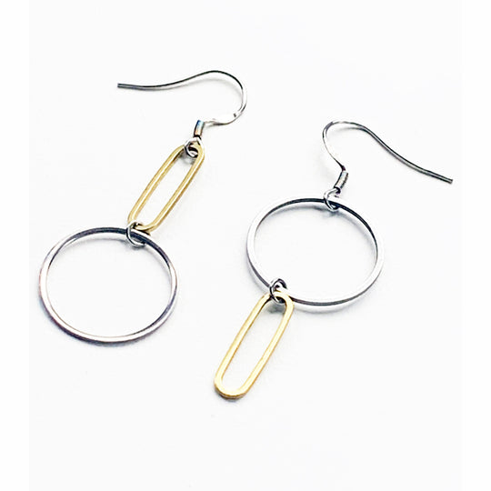 Steel and Brass mismatch big earrings by Factory Floor Jewels