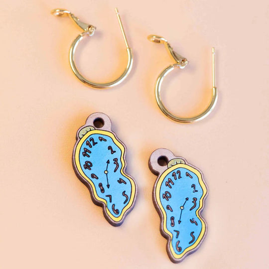 Hoop Earrings Hand Painted Melting Clock