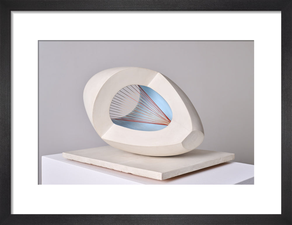 Barbara Hepworth, Sculpture with Colour (Oval Form) Pale Blue and Red, 1943, painted wood and strings.