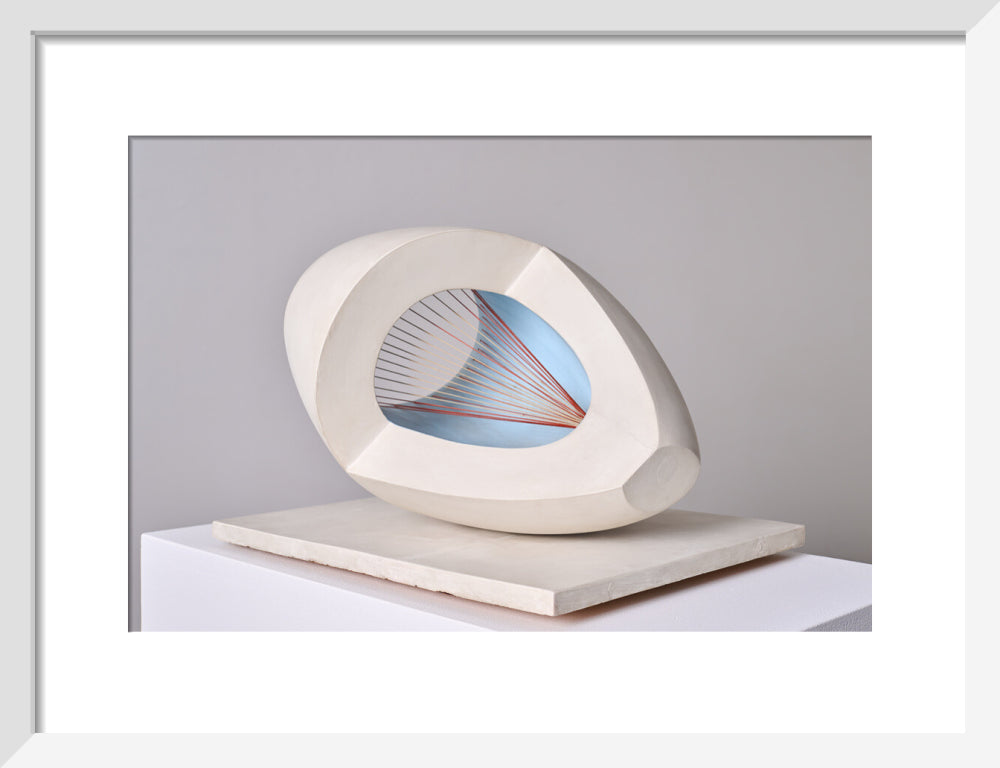 Barbara Hepworth, Sculpture with Colour (Oval Form) Pale Blue and Red, 1943, painted wood and strings.