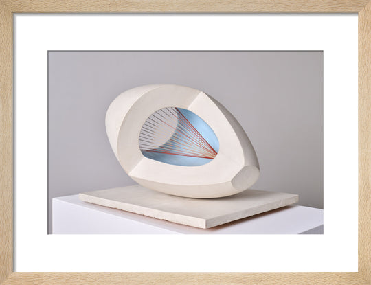 Barbara Hepworth, Sculpture with Colour (Oval Form) Pale Blue and Red, 1943, painted wood and strings.