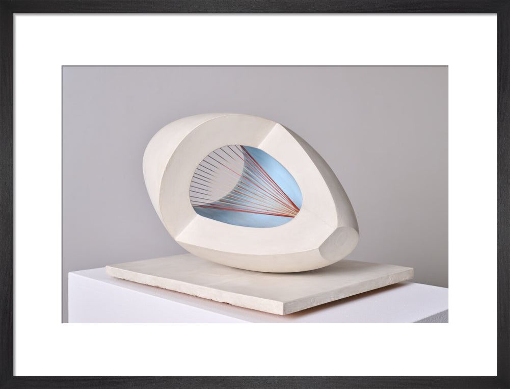 Barbara Hepworth, Sculpture with Colour (Oval Form) Pale Blue and Red, 1943, painted wood and strings.