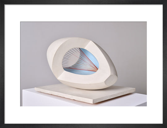 Barbara Hepworth, Sculpture with Colour (Oval Form) Pale Blue and Red, 1943, painted wood and strings.