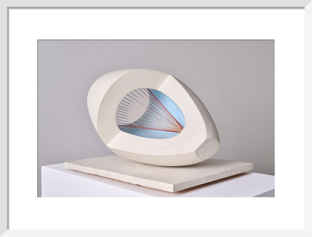 Barbara Hepworth, Sculpture with Colour (Oval Form) Pale Blue and Red, 1943, painted wood and strings.