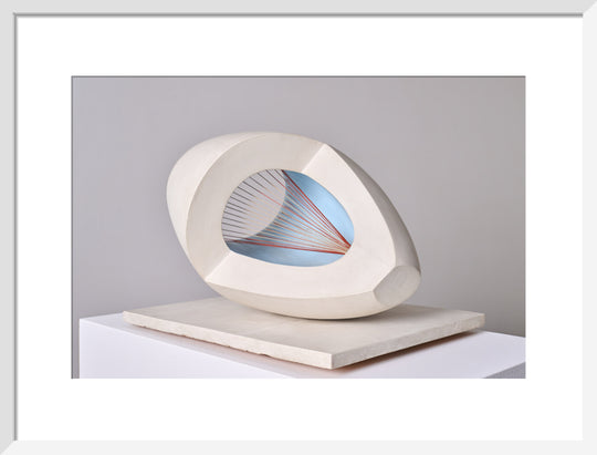 Barbara Hepworth, Sculpture with Colour (Oval Form) Pale Blue and Red, 1943, painted wood and strings.