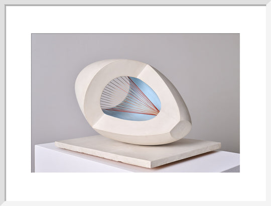 Barbara Hepworth, Sculpture with Colour (Oval Form) Pale Blue and Red, 1943, painted wood and strings.
