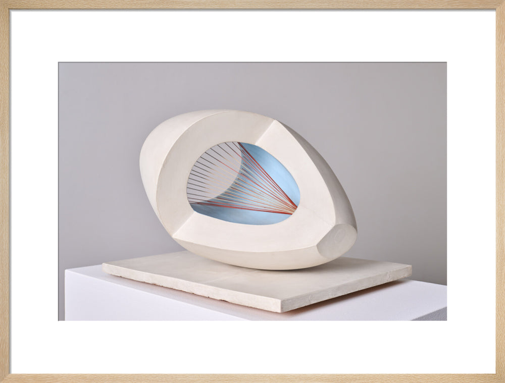 Barbara Hepworth, Sculpture with Colour (Oval Form) Pale Blue and Red, 1943, painted wood and strings.