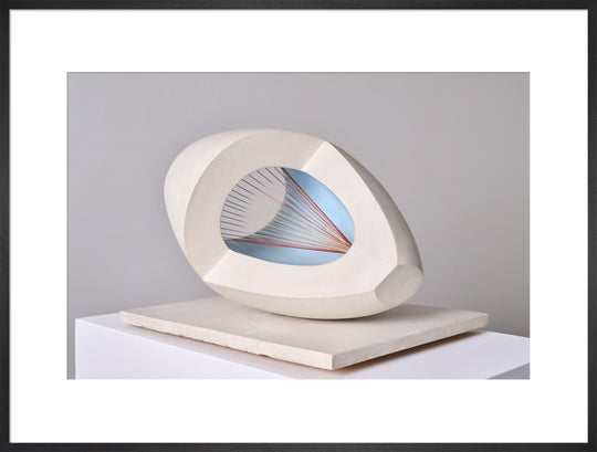 Barbara Hepworth, Sculpture with Colour (Oval Form) Pale Blue and Red, 1943, painted wood and strings.