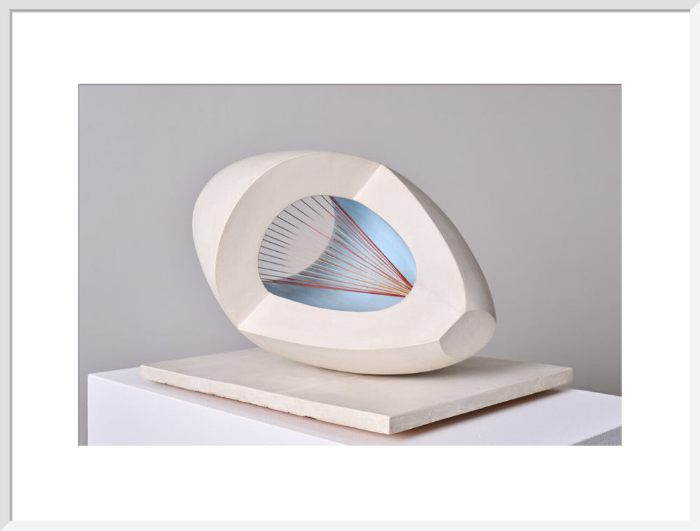 Barbara Hepworth, Sculpture with Colour (Oval Form) Pale Blue and Red, 1943, painted wood and strings.