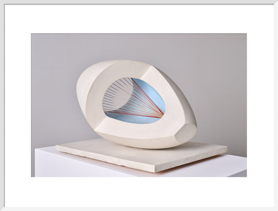 Barbara Hepworth, Sculpture with Colour (Oval Form) Pale Blue and Red, 1943, painted wood and strings.
