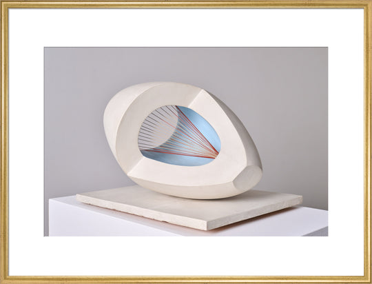 Barbara Hepworth, Sculpture with Colour (Oval Form) Pale Blue and Red, 1943, painted wood and strings.