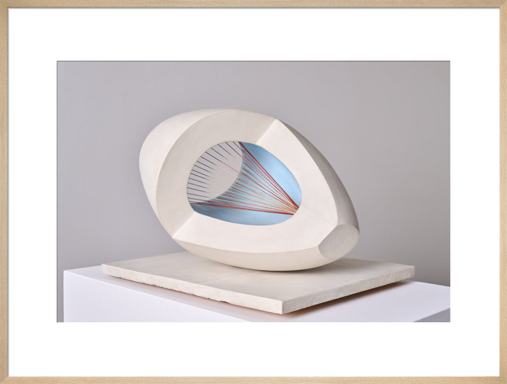 Barbara Hepworth, Sculpture with Colour (Oval Form) Pale Blue and Red, 1943, painted wood and strings.