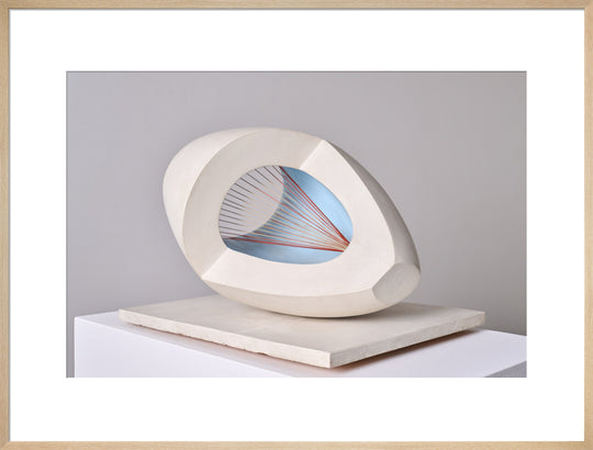 Barbara Hepworth, Sculpture with Colour (Oval Form) Pale Blue and Red, 1943, painted wood and strings.