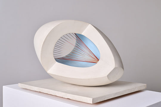 Barbara Hepworth, Sculpture with Colour (Oval Form) Pale Blue and Red, 1943, painted wood and strings.