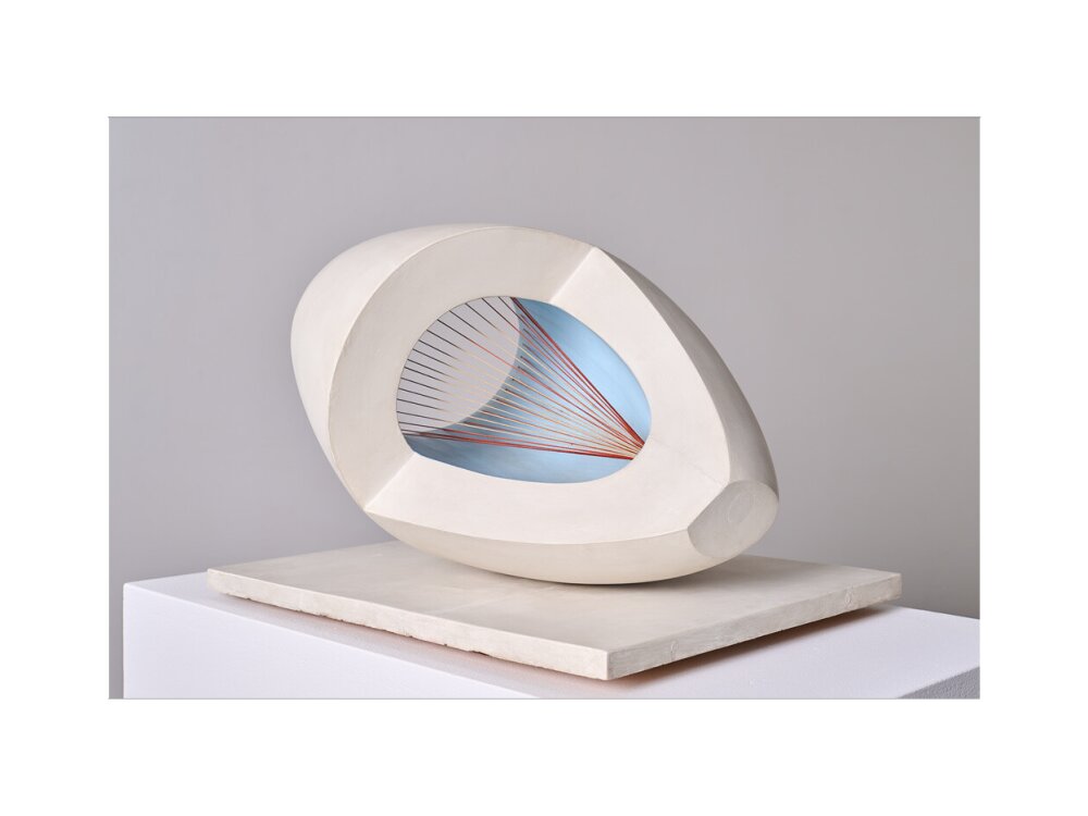 Barbara Hepworth, Sculpture with Colour (Oval Form) Pale Blue and Red, 1943, painted wood and strings.
