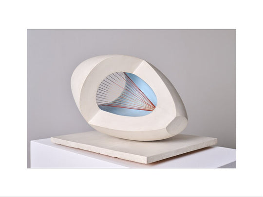 Barbara Hepworth, Sculpture with Colour (Oval Form) Pale Blue and Red, 1943, painted wood and strings.