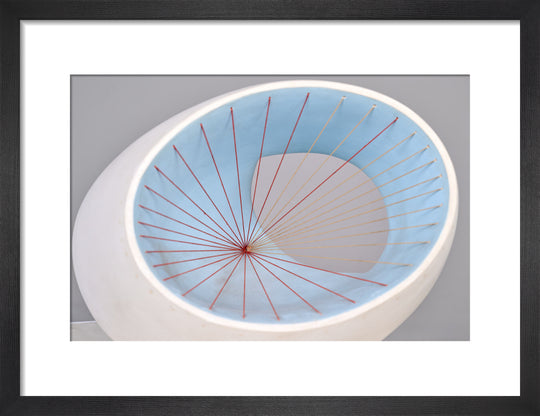 Barbara Hepworth, Sculpture with Colour (Oval Form) Pale Blue and Red, 1943, painted wood and strings.