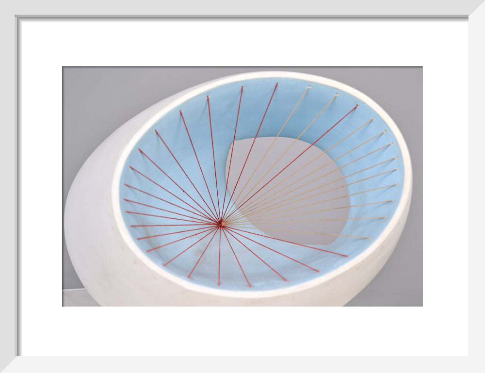 Barbara Hepworth, Sculpture with Colour (Oval Form) Pale Blue and Red, 1943, painted wood and strings.