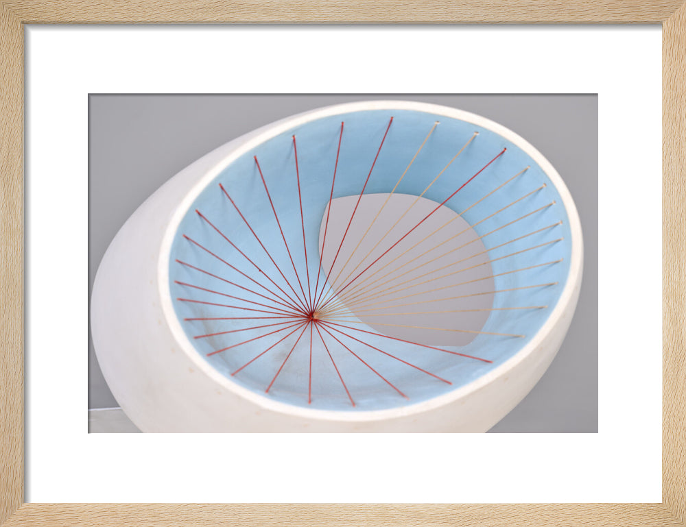 Barbara Hepworth, Sculpture with Colour (Oval Form) Pale Blue and Red, 1943, painted wood and strings.