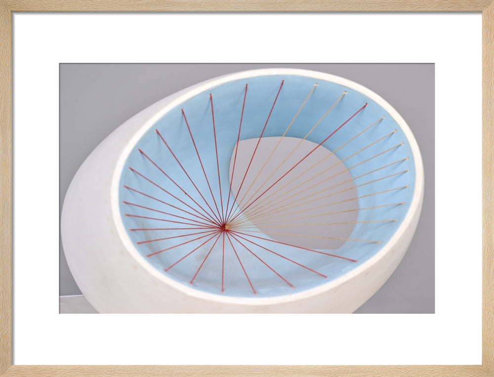 Barbara Hepworth, Sculpture with Colour (Oval Form) Pale Blue and Red, 1943, painted wood and strings.