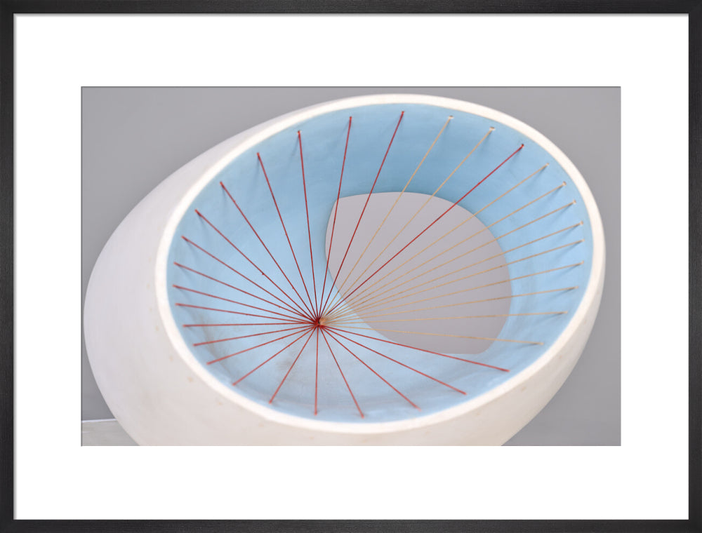 Barbara Hepworth, Sculpture with Colour (Oval Form) Pale Blue and Red, 1943, painted wood and strings.