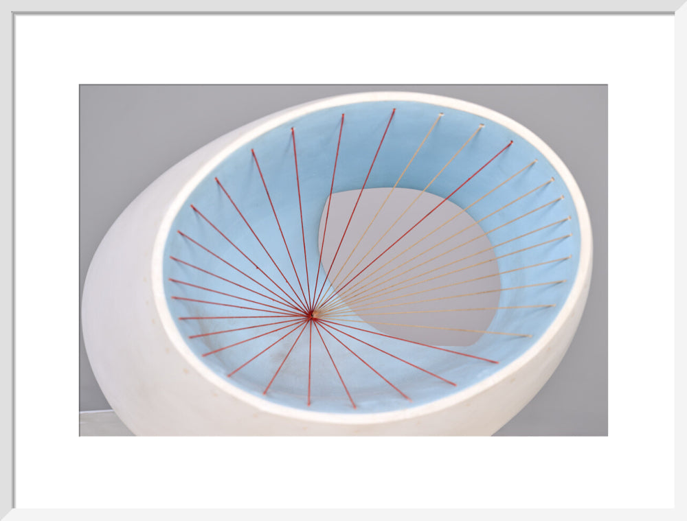 Barbara Hepworth, Sculpture with Colour (Oval Form) Pale Blue and Red, 1943, painted wood and strings.
