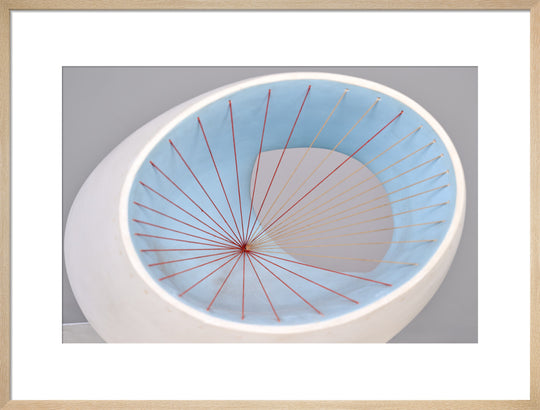 Barbara Hepworth, Sculpture with Colour (Oval Form) Pale Blue and Red, 1943, painted wood and strings.