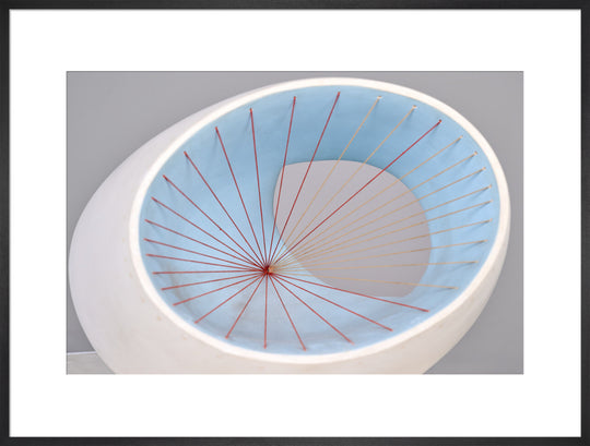 Barbara Hepworth, Sculpture with Colour (Oval Form) Pale Blue and Red, 1943, painted wood and strings.