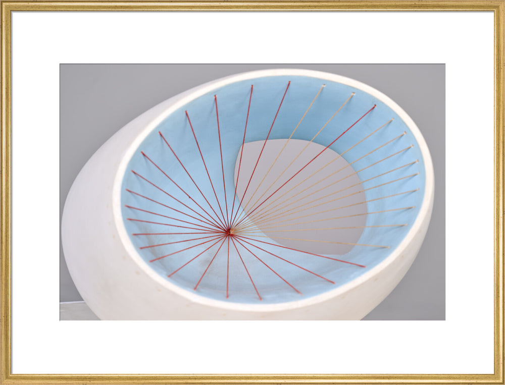 Barbara Hepworth, Sculpture with Colour (Oval Form) Pale Blue and Red, 1943, painted wood and strings.