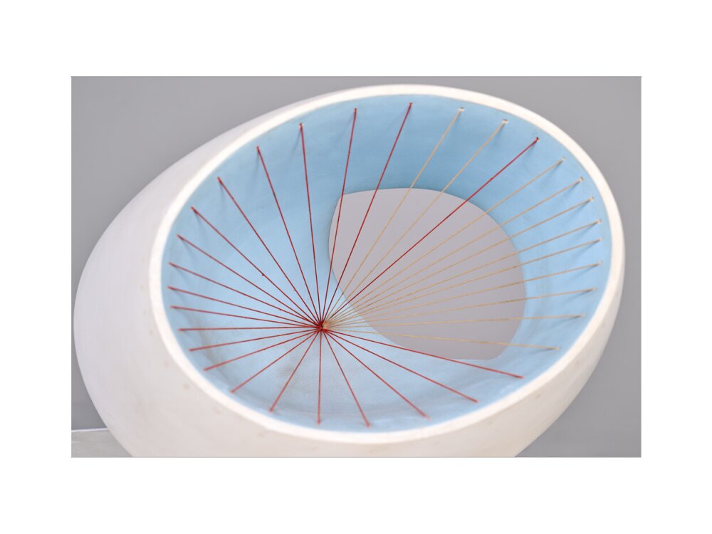 Barbara Hepworth, Sculpture with Colour (Oval Form) Pale Blue and Red, 1943, painted wood and strings.