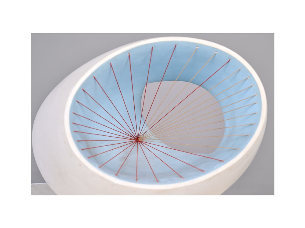 Barbara Hepworth, Sculpture with Colour (Oval Form) Pale Blue and Red, 1943, painted wood and strings.