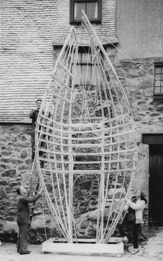 Barbara Hepworth working on the first stage of Winged Figure prototype, 1962.