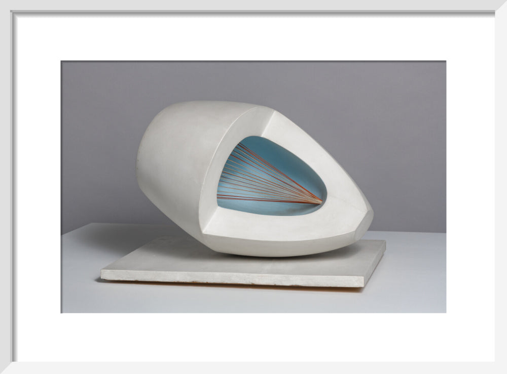 Barbara Hepworth, Sculpture with Colour (Oval Form) Pale Blue and Red, 1943, painted wood and strings. (art print, small, white)