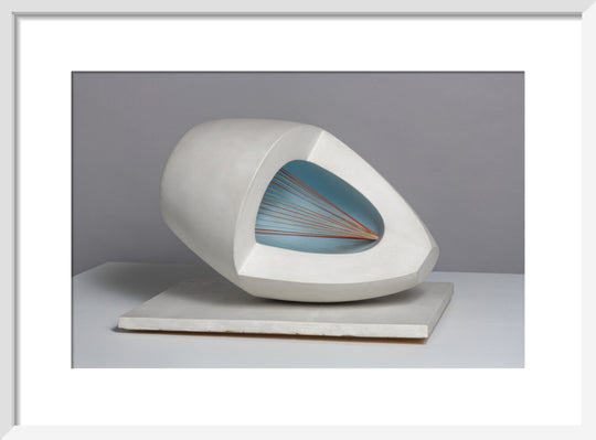 Barbara Hepworth, Sculpture with Colour (Oval Form) Pale Blue and Red, 1943, painted wood and strings. (art print, small, white)