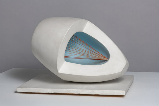 Barbara Hepworth, Sculpture with Colour (Oval Form) Pale Blue and Red, 1943, painted wood and strings.