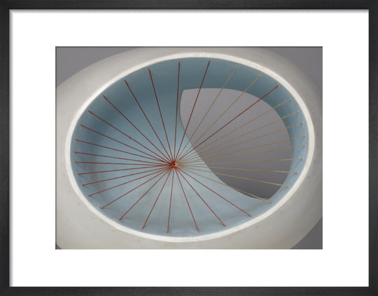 Barbara Hepworth, Sculpture with Colour (Oval Form) Pale Blue and Red, 1943, painted wood and strings. (art print, small, black)