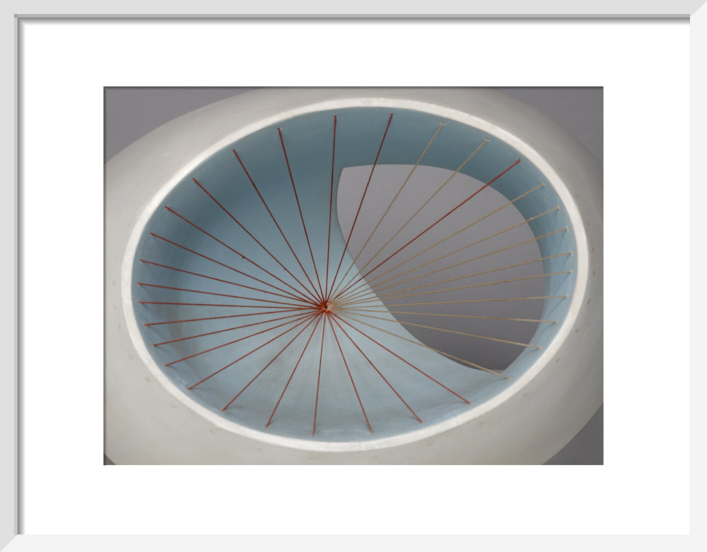 Barbara Hepworth, Sculpture with Colour (Oval Form) Pale Blue and Red, 1943, painted wood and strings. (art print, small, white)