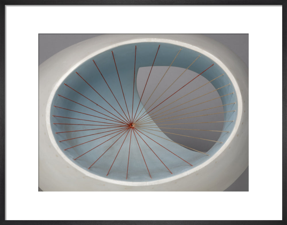 Barbara Hepworth, Sculpture with Colour (Oval Form) Pale Blue and Red, 1943, painted wood and strings. (art print, medium, black)