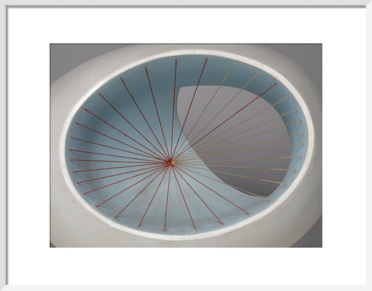 Barbara Hepworth, Sculpture with Colour (Oval Form) Pale Blue and Red, 1943, painted wood and strings. (art print, medium, white)