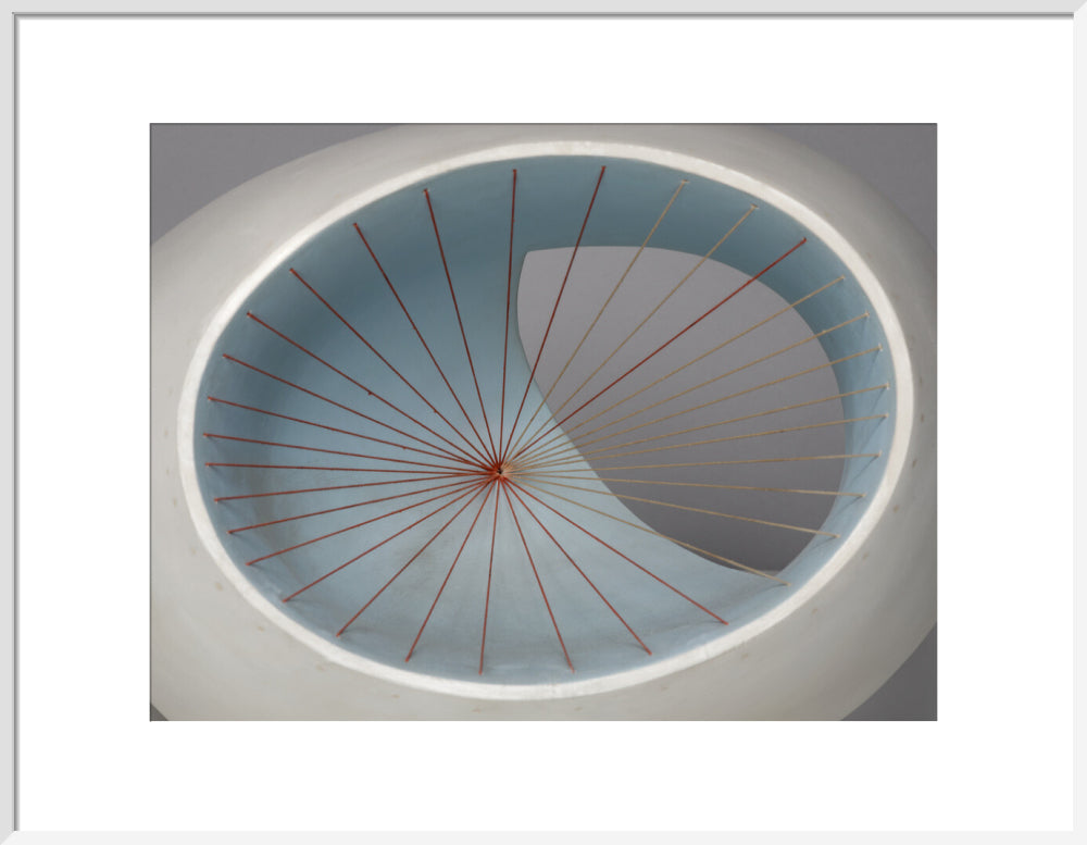 Barbara Hepworth, Sculpture with Colour (Oval Form) Pale Blue and Red, 1943, painted wood and strings. (art print, large, white)
