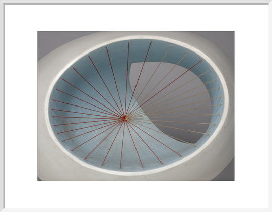 Barbara Hepworth, Sculpture with Colour (Oval Form) Pale Blue and Red, 1943, painted wood and strings. (art print, large, white)
