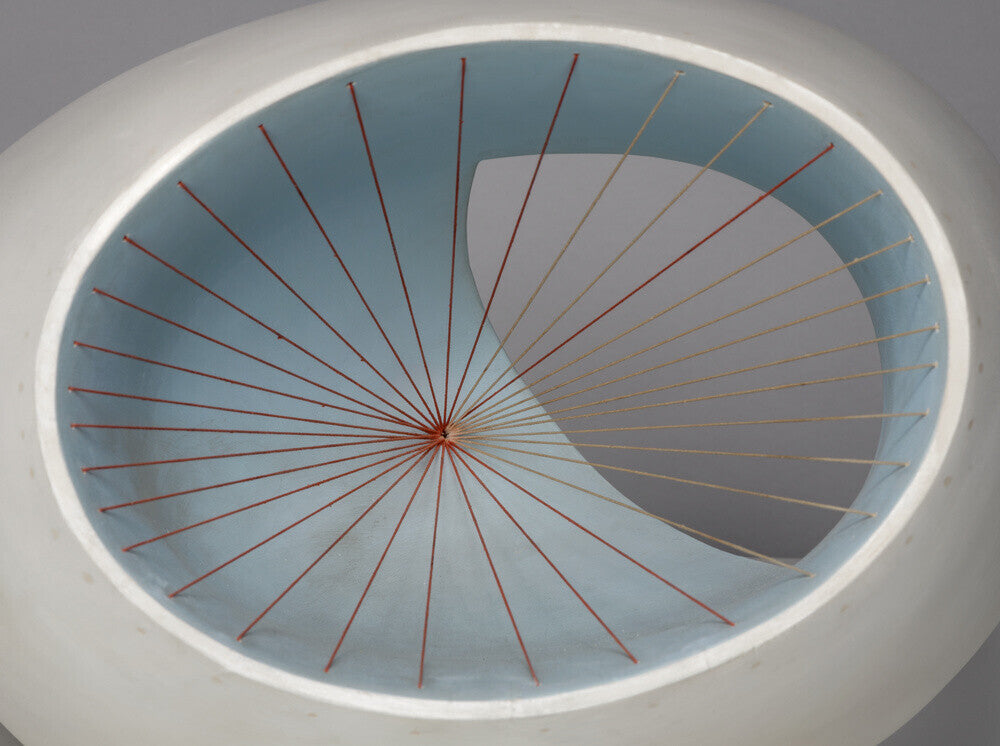 Barbara Hepworth, Sculpture with Colour (Oval Form) Pale Blue and Red, 1943, painted wood and strings.